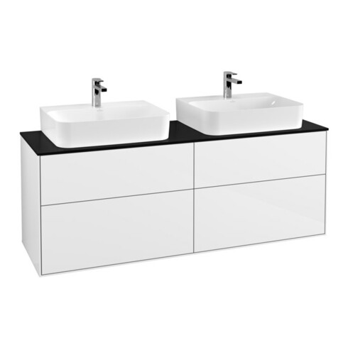 V&B Meuble sous lavabo Finion 160x60,3 cm, plan de toilette bleu mat, laqué blanc brillant