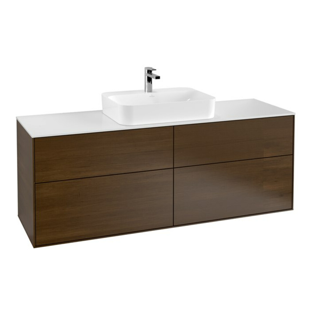 V&B Meuble sous lavabo Finion 160x60,3cm, plan lavabo blanc, placage noyer