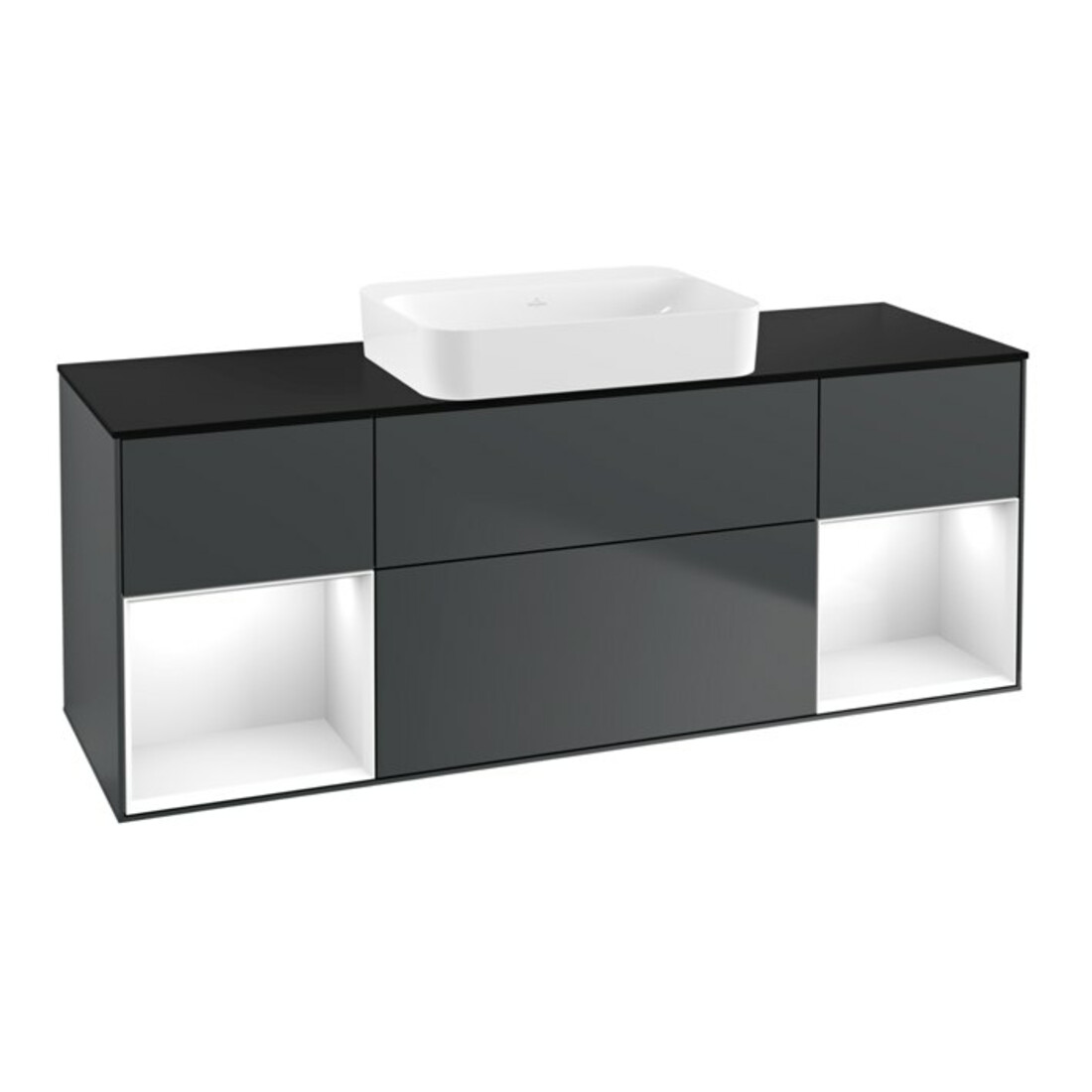 V&B Meuble sous lavabo Finion 160x60,3x50,1 cm, éclairage mural, blanc brillant, bleu moyen avec laque