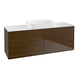 V&B Meuble sous-lavabo Finion 160x60,3x50,1cm, blanc brillant, placage noyer, éclairage mural