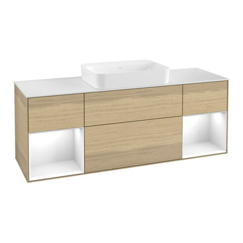 V&B Meuble sous lavabo Finion 160x60,3x50,1cm, éclairage mural, blanc brillant, Oa ven