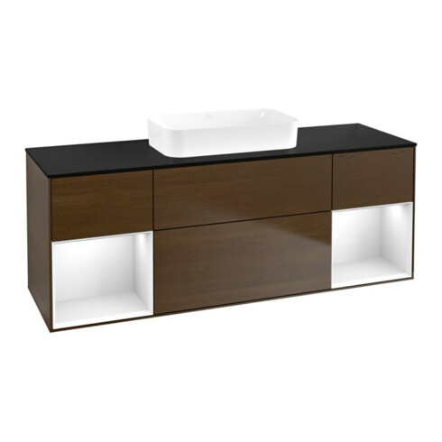 V&B Meuble sous lavabo Finion 160x60,3x50,1cm, laqué brillant blanc, noyer ven