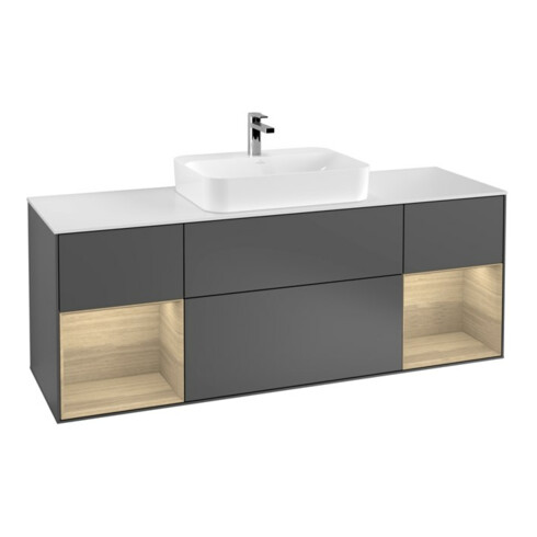V&B Meuble sous lavabo Finion 160x60, blanc mat, avec étagère ouverte, anthracite mat