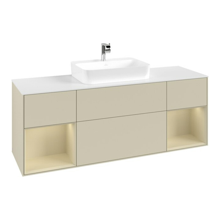 V&B Meuble sous lavabo Finion 160x60, blanc mat, poignée argent mat laqué, argent mat laqué