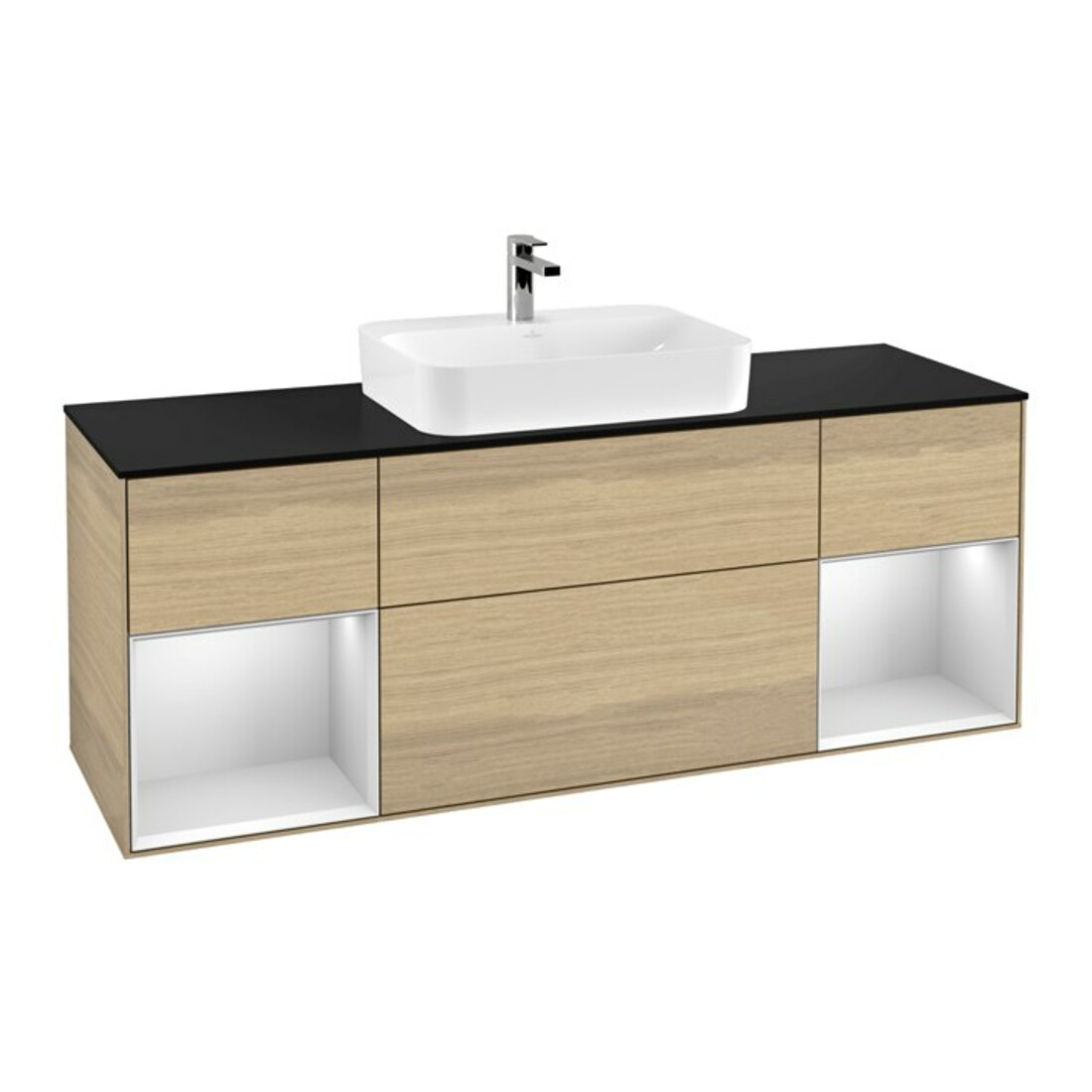V&B Meuble sous lavabo Finion 160x60, bleu clair, étagère blanche laquée, poignée ven