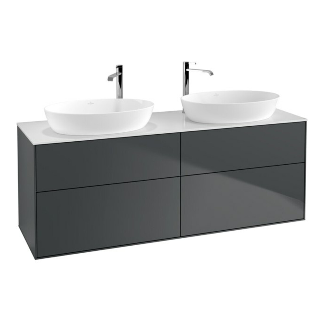 V&B Meuble sous lavabo Finion 160x60 cm, éclairage mural, plaque de fermeture blanche, miroir bleu avec laque