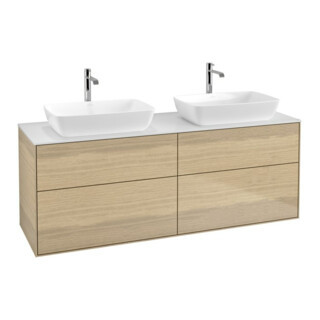 V&B Meuble sous lavabo Finion 160x60 cm, plan de toilette blanc mat, placage chêne