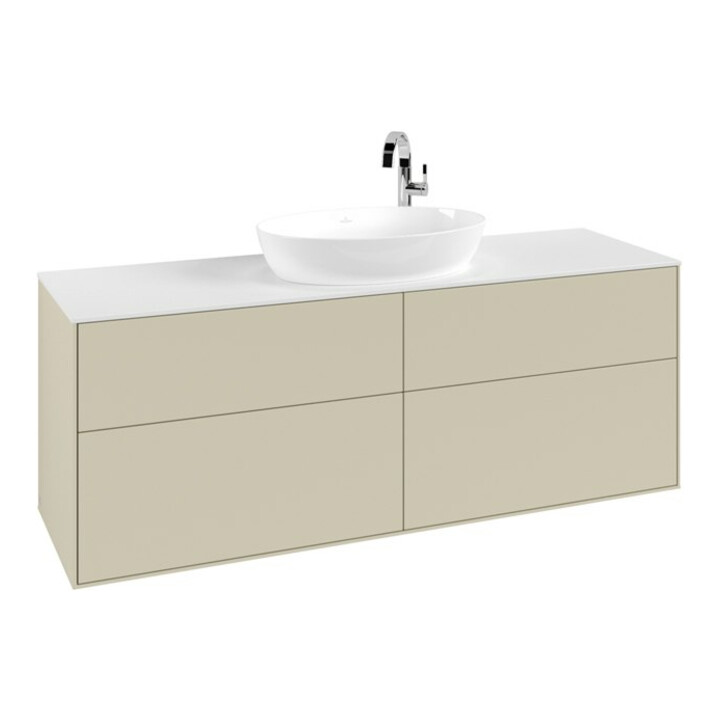 V&B Meuble sous lavabo Finion 160x60 cm, plan de toilette blanc, miroir gris avec laque