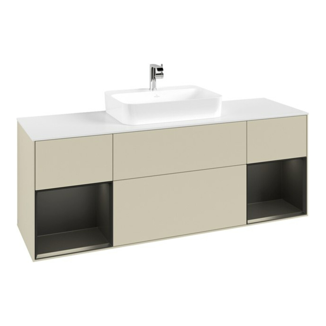 V&B Meuble sous lavabo Finion 160x60, placage blanc mat, façade bois laqué gris clair mat