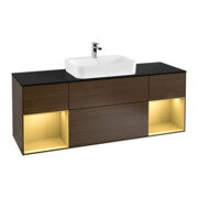 V&B Meuble sous lavabo Finion 160x60, placage bleu mat, réglette dorée mat, noyer veinée
