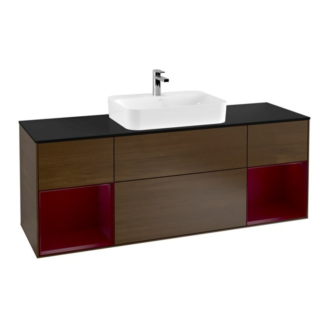 V&B Meuble sous lavabo Finion 160x60, placage bleu mat, tiroir, placage laqué, noyer veinée