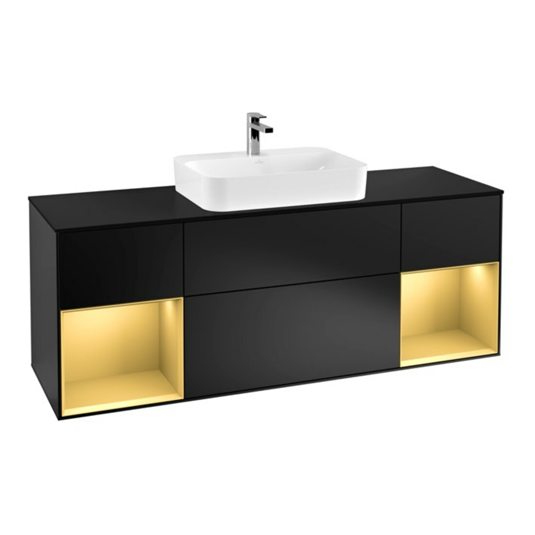 V&B Meuble sous lavabo Finion 160x60, placage bois mat, tiroir doré mat, bleu mat
