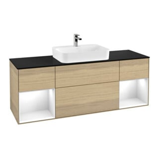 V&B Meuble sous lavabo Finion 160x60, placage bouleau mat, porte à rainure globale blanche, laque, ouverture à ventilation