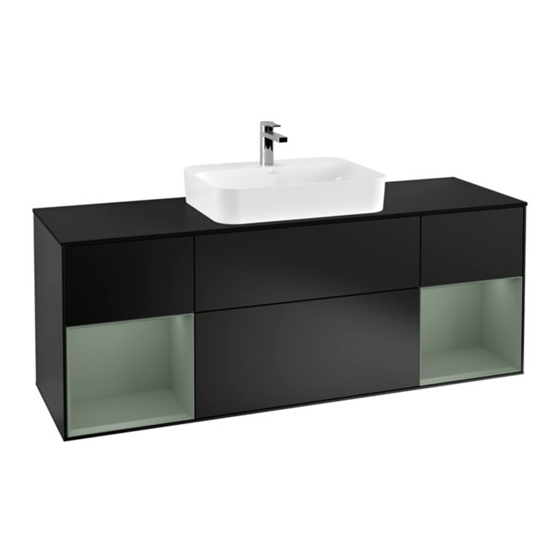 V&B Meuble sous lavabo Finion 160x60, placage bouleau, rangée olivier laqué, bleu laqué