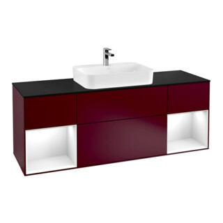 V&B Meuble sous lavabo Finion 160x60, plan bleu mat, porte verre blanc laqué, poignée mat