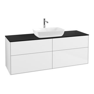 V&B Meuble sous lavabo Finion 160x60cm, éclairage mural, plaque de fermeture bleue mate, blanc brillant Lac
