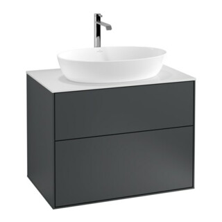 V&B Meuble sous lavabo Finion 80x60,3 cm, éclairage mural, plaque d'habillage blanche, miroir bleu avec laque