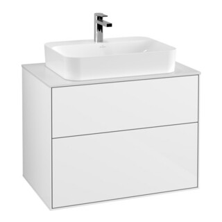 V&B Meuble sous lavabo Finion 80x60,3 cm, panneau de fermeture blanc, éclairage mural blanc brillant Lac
