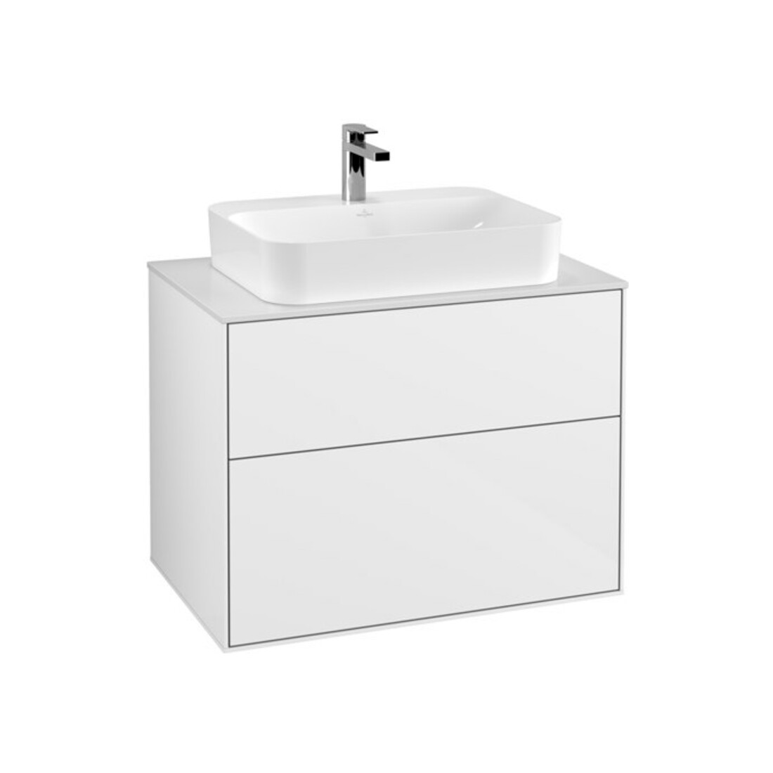 V&B Meuble sous lavabo Finion 80x60,3 cm, panneau de fermeture blanc, éclairage mural blanc brillant Lac