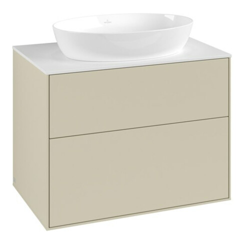 V&B Meuble sous lavabo Finion 80x60,3 cm, plan de drainage blanc, poignée argent avec laque