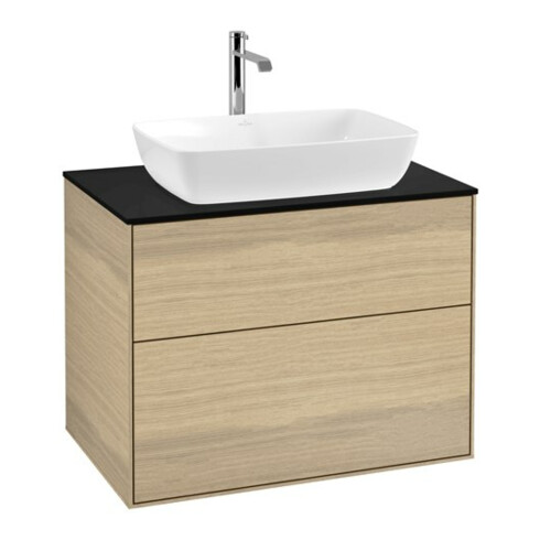 V&B Meuble sous lavabo Finion 80x60,3 cm, plaque d'abd. bleu mat, placage chêne