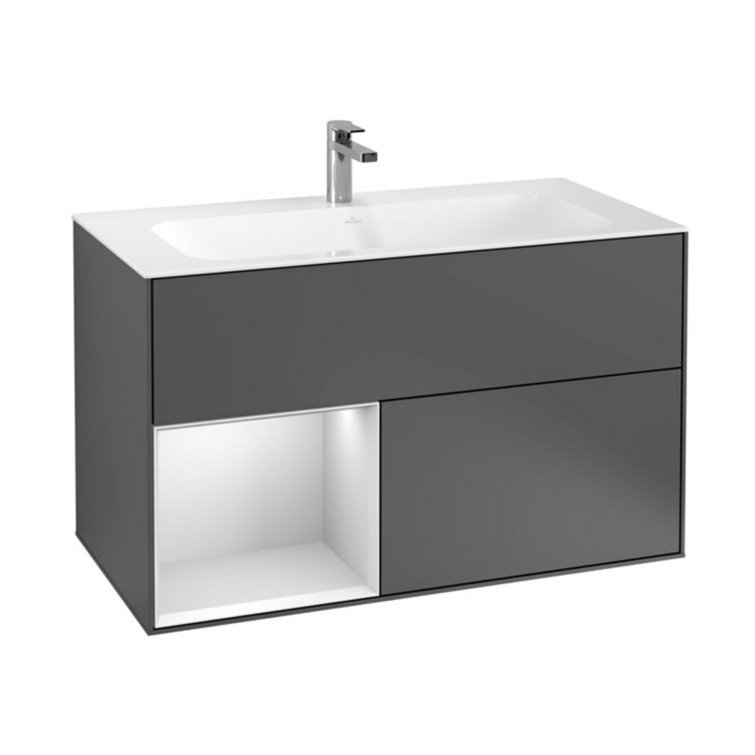 V&B Meuble sous lavabo Finion 99,6x59,1 cm, éclairage mural, anthracite m. blanc lacqué, gauche