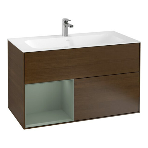 V&B Meuble sous-lavabo Finion 99,6x59,1 cm, éclairage mural, porte gauche, olivier mat, laqué, noyer veinée