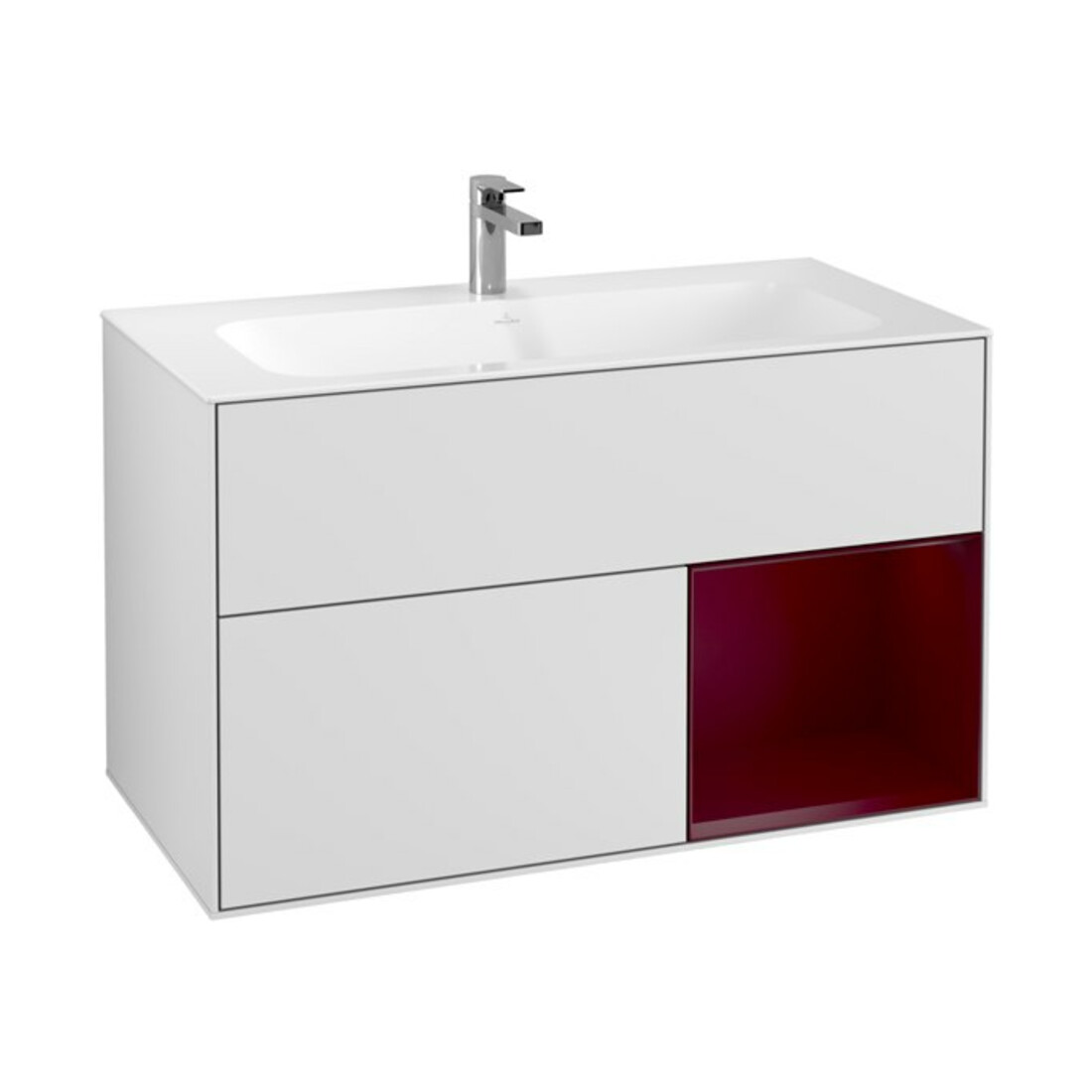 V&B Meuble sous lavabo Finion 99,6x59,1 cm, éclairage mural, rég. droite, blanc mat laqué