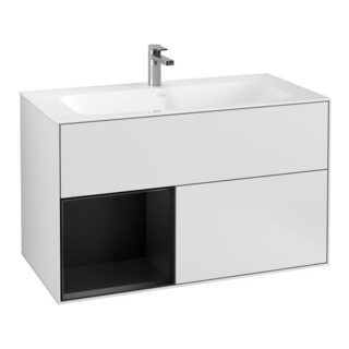 V&B Meuble sous lavabo Finion 99,6x59,1 cm, éclairage mural, rég. g. bleu m. laqué, blanc m. laqué