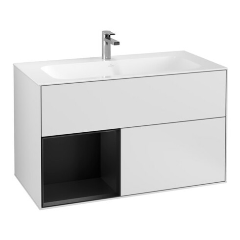 V&B Meuble sous lavabo Finion 99,6x59,1 cm, éclairage mural, rég. g. bleu m. laqué, blanc m. laqué