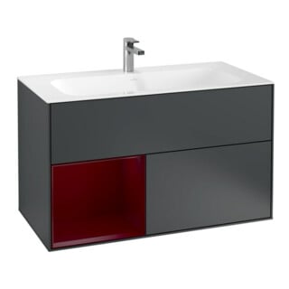 V&B Meuble sous lavabo Finion 99,6x59,1 cm, éclairage mural, rég. g. Peo, bleu mat avec Lac