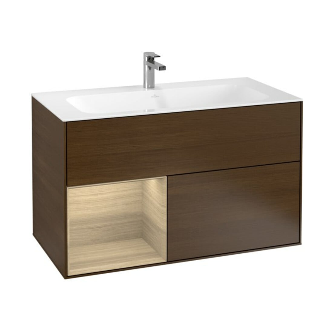 V&B Meuble sous lavabo Finion 99,6x59,1cm, éclairage mural, placage noyer, rég. g. Oa ven