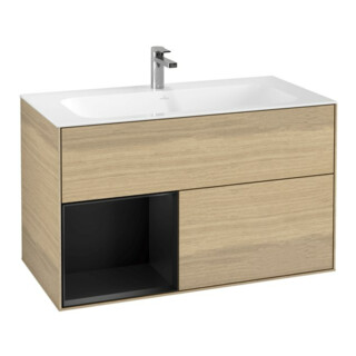 V&B Meuble sous lavabo Finion 99,6x59,1cm, éclairage mural, rég. g. bleu m Lac, Oa placage