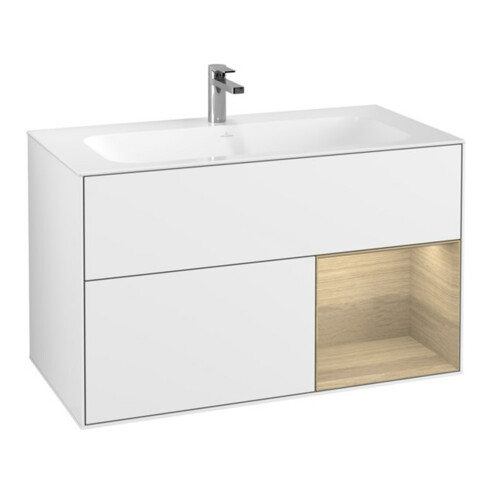 V&B Meuble sous lavabo Finion chêne plaqué, laqué blanc brillant, droit