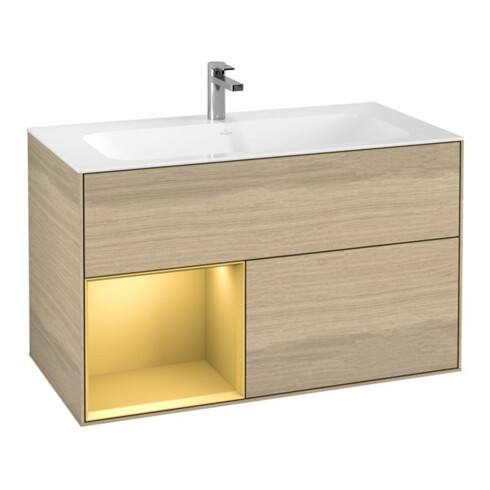 V&B Meuble sous lavabo Finion étagère gauche or mat, placage chêne