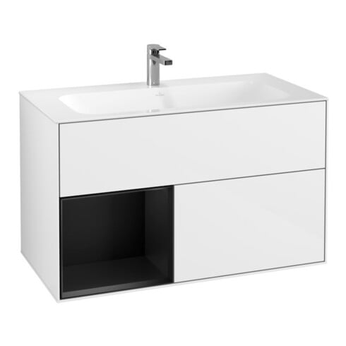 V&B Meuble sous lavabo Finion, rég. gauche, bleu mat, laqué blanc brillant