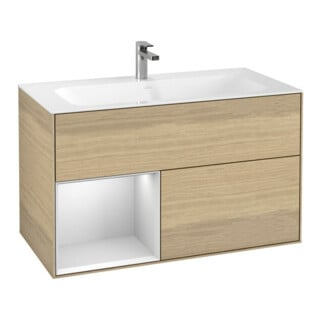V&B Meuble sous lavabo Finion Reg gauche laqué blanc mat, placage chêne
