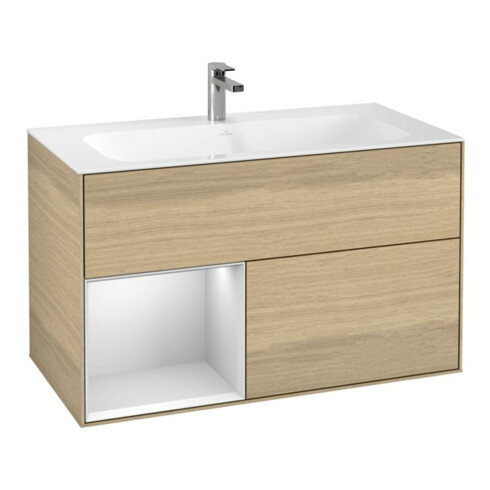 V&B Meuble sous lavabo Finion Reg gauche laqué blanc mat, placage chêne