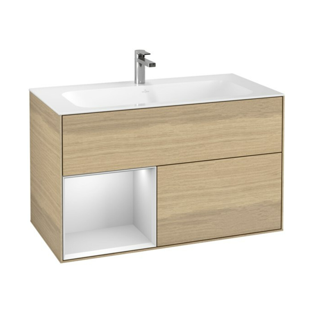 V&B Meuble sous lavabo Finion Reg gauche laqué blanc mat, placage chêne