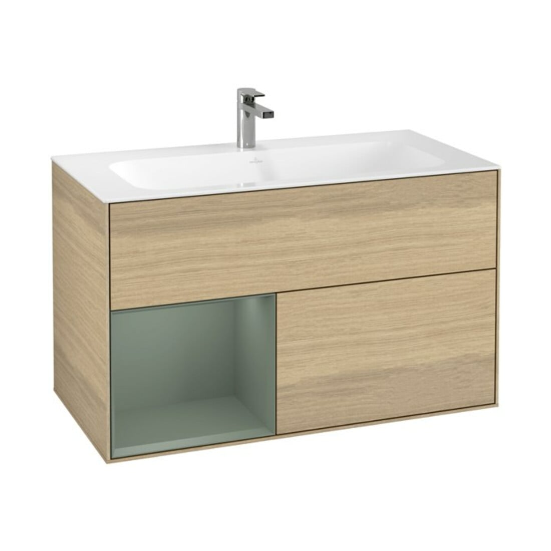 V&B Meuble sous lavabo Finion Reg gauche Olive laqué mat, placage chêne