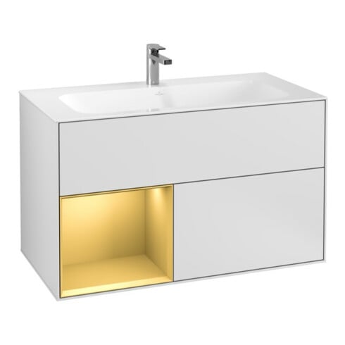 V&B Meuble sous lavabo Finion, rég. gauche, or mat, laque blanc mat