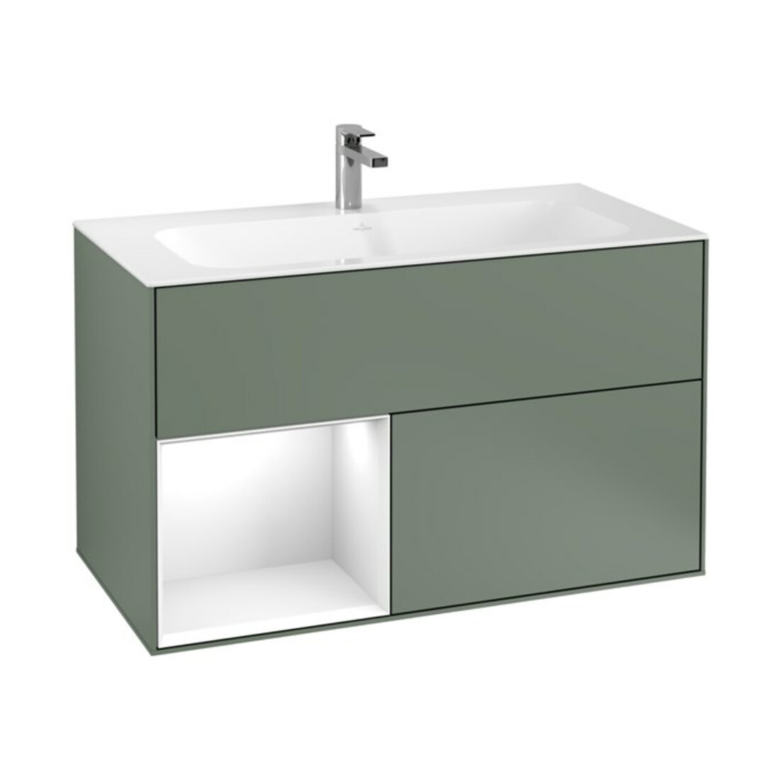 V&B Meuble sous lavabo Finion Reg Gche laqué blanc brillant, Olive mat lacquer
