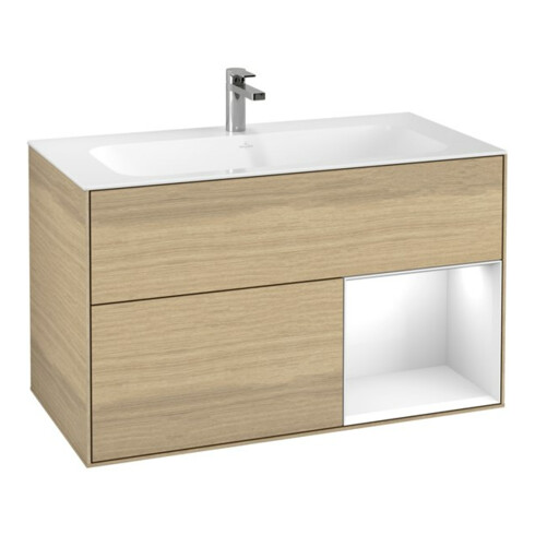 V&B Meuble sous lavabo Finion Reg re laqué blanc brillant, placage chêne
