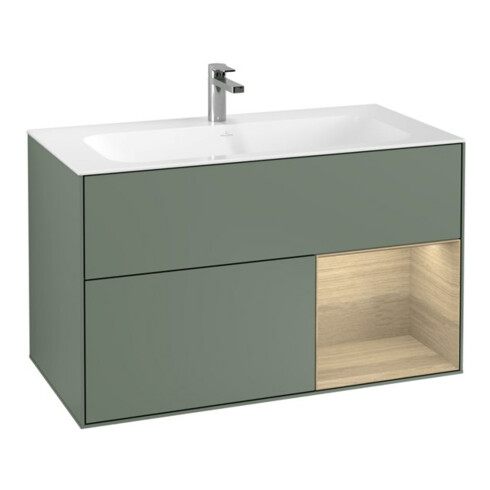 V&B Meuble sous lavabo Finion Reg re placage chêne, laque mate olive