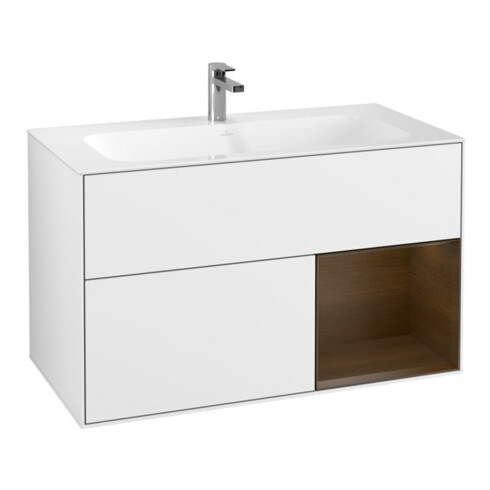 V&B Meuble sous lavabo Finion Reg re placage noyer, laqué blanc brillant