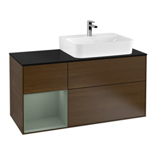 V&B Meuble sous lavabo Plan de toilette bleu clair Finion 120cm, étagère gauche, huile m. laque, placage noyer