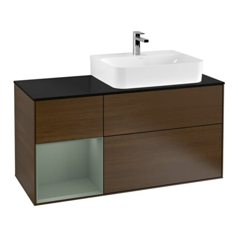 V&B Meuble sous lavabo Plan de toilette bleu clair Finion 120cm, étagère gauche, huile m. laque, placage noyer