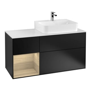 V&B Meuble sous lavabo Plan de toilette Gl. blanc avec Finion 120 cm, étagère gauche, laque noire mate