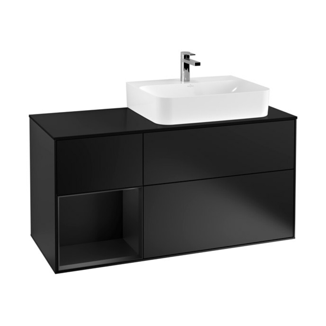 V&B Meuble sous-lavabo Plan en verre bleu avec Finion 120 cm, étagère gauche bleu laqué
