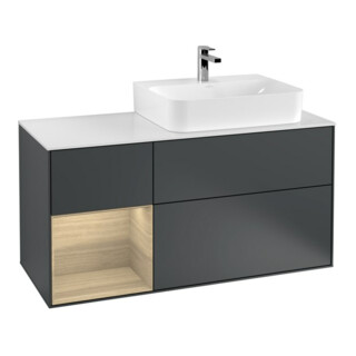 V&B Meuble sous lavabo Plaque blanche brillante Finion 120 cm, étagère gauche, avec laque bleue
